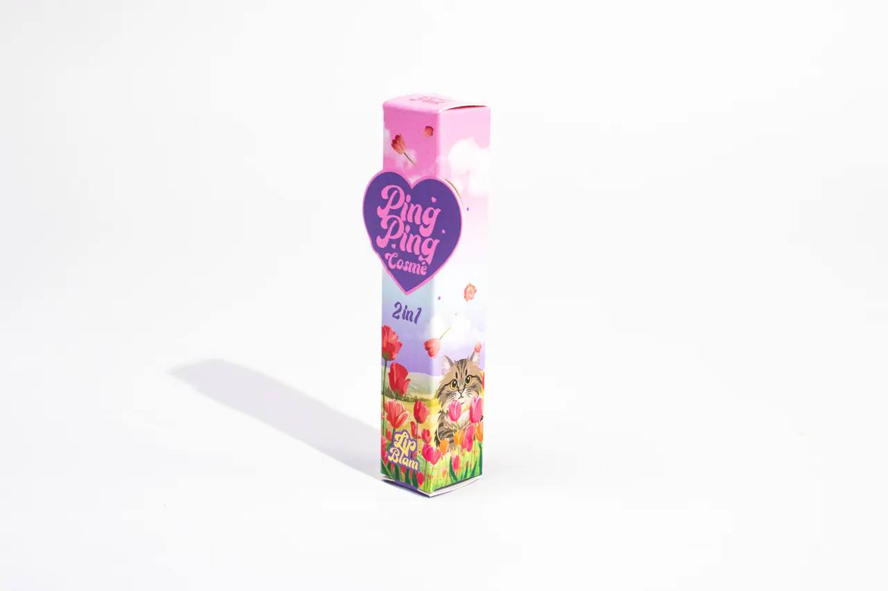 รูปตัวอย่างกล่องเครื่องสำอาง Ping Ping Cosme Lip Balm สำหรับรับผลิตกล่อง รับทำกล่อง และผลิตกล่องโดย Box Corner Art มุมหลัก