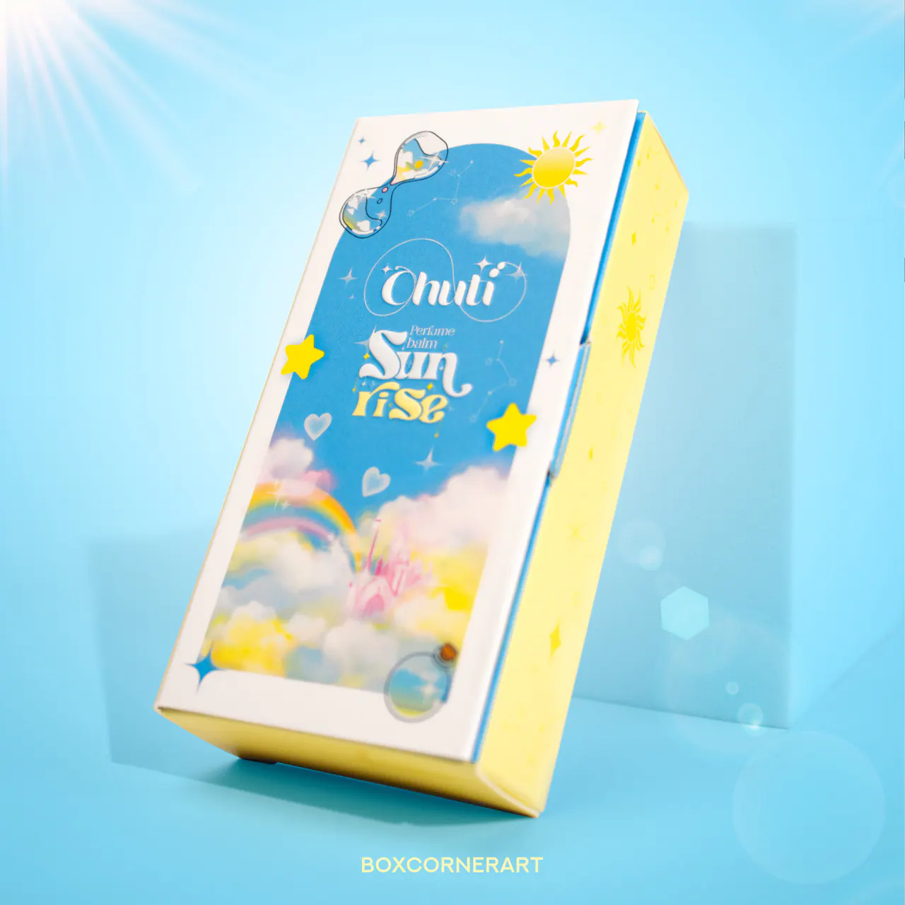 รูปตัวอย่างกล่องน้ำหอมและเครื่องหอม Chuti Sunrise สำหรับรับผลิตกล่อง รับทำกล่อง และผลิตกล่องโดย Box Corner Art มุมหลัก