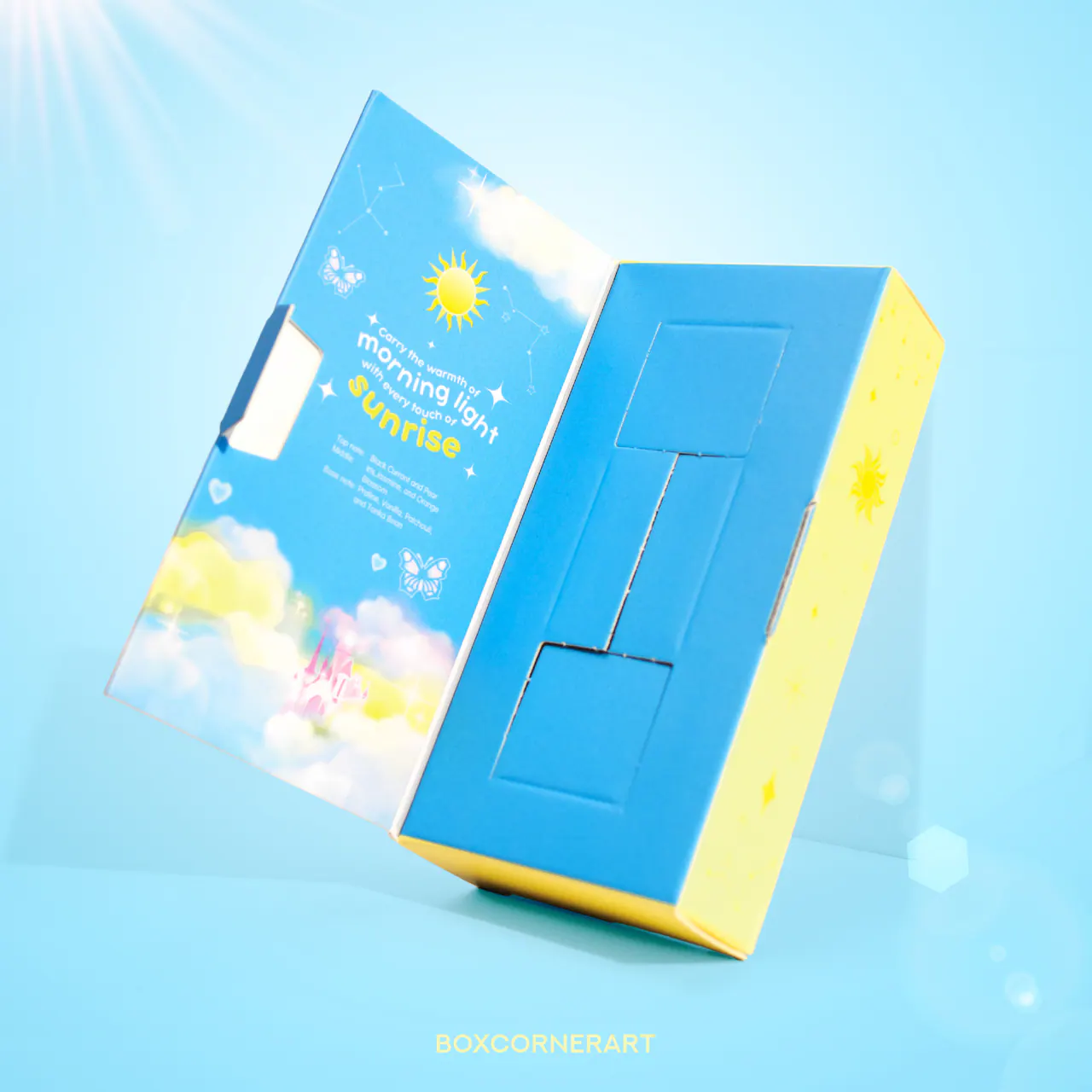 รูปตัวอย่างกล่องน้ำหอมและเครื่องหอม Chuti Sunrise สำหรับรับผลิตกล่อง รับทำกล่อง และผลิตกล่องโดย Box Corner Art มุมที่ 2