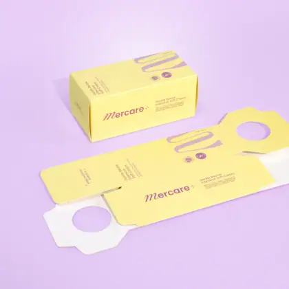 รูปตัวอย่างกล่องครีมสกินแคร์ Soft Cream โทนม่วงเหลือง สำหรับรับผลิตกล่อง รับทำกล่อง และผลิตกล่องโดย Box Corner Art มุมหลัก