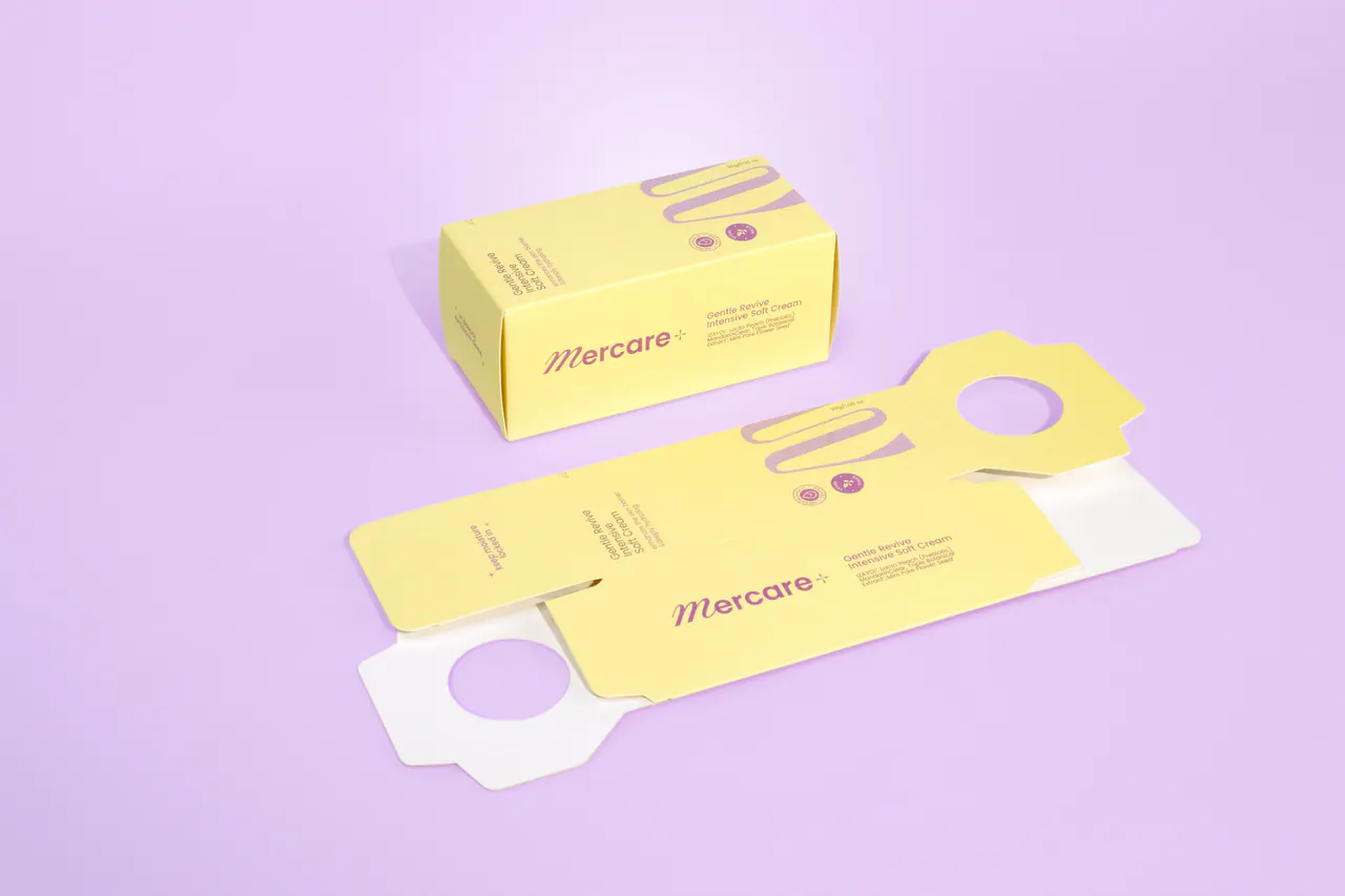 รูปตัวอย่างกล่องครีมสกินแคร์ Soft Cream โทนม่วงเหลือง สำหรับรับผลิตกล่อง รับทำกล่อง และผลิตกล่องโดย Box Corner Art มุมหลัก