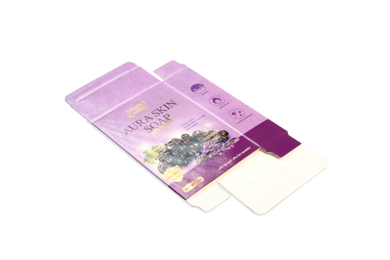 รูปตัวอย่างกล่องสบู่ Magic Good Aura Skin Soap สำหรับรับผลิตกล่อง รับทำกล่อง และผลิตกล่องโดย Box Corner Art มุมที่ 4