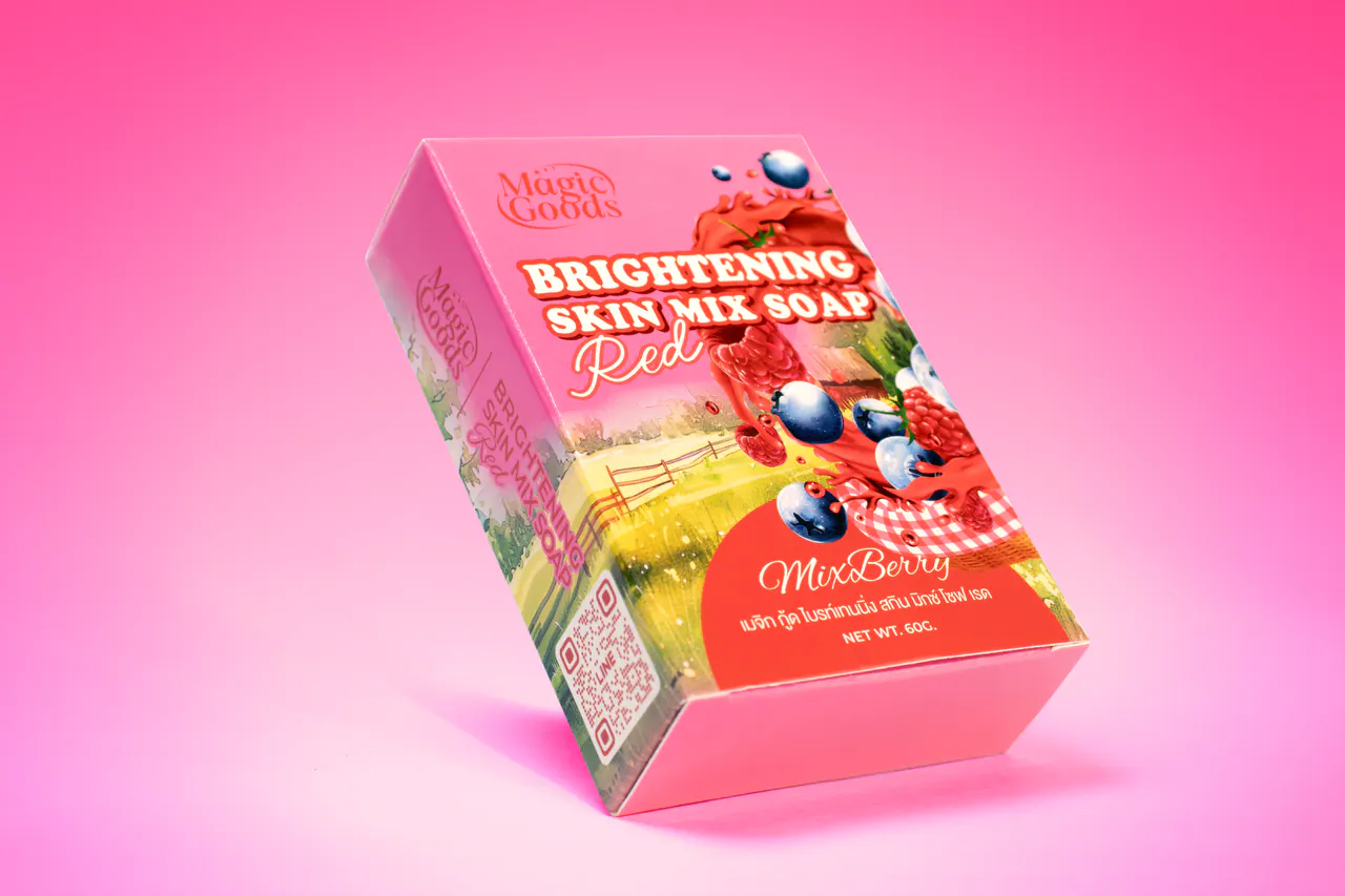 รูปตัวอย่างกล่องสบู่ Magic Goods Brightening สำหรับรับผลิตกล่อง รับทำกล่อง และผลิตกล่องโดย Box Corner Art มุมที่ 3