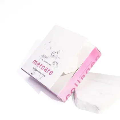 รูปตัวอย่างกล่องสบู่ Mercare Collagen Facial Soap สำหรับรับผลิตกล่อง รับทำกล่อง และผลิตกล่องโดย Box Corner Art มุมหลัก