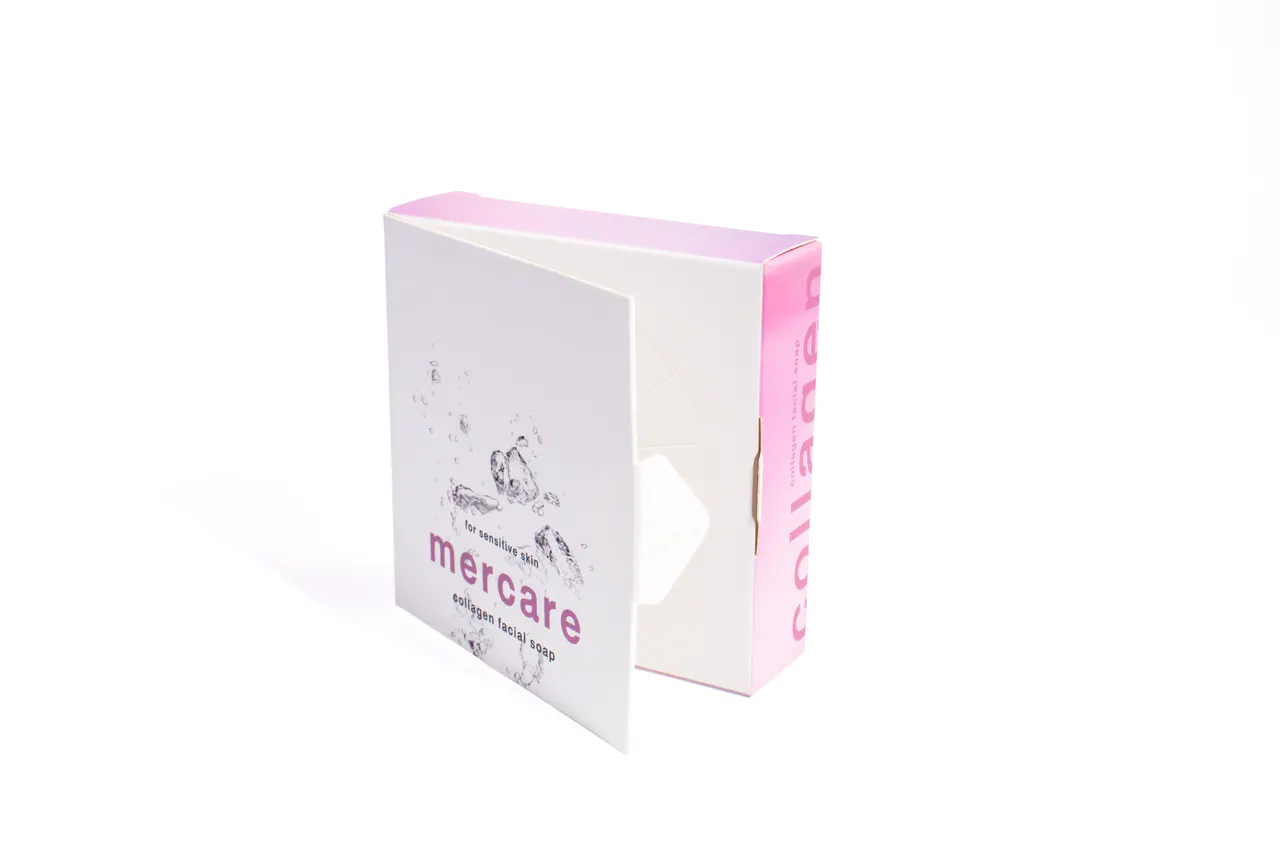 รูปตัวอย่างกล่องสบู่ Mercare Collagen Facial Soap สำหรับรับผลิตกล่อง รับทำกล่อง และผลิตกล่องโดย Box Corner Art มุมที่ 2