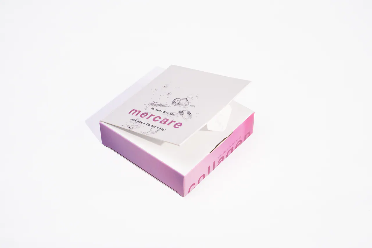รูปตัวอย่างกล่องสบู่ Mercare Collagen Facial Soap สำหรับรับผลิตกล่อง รับทำกล่อง และผลิตกล่องโดย Box Corner Art มุมที่ 4