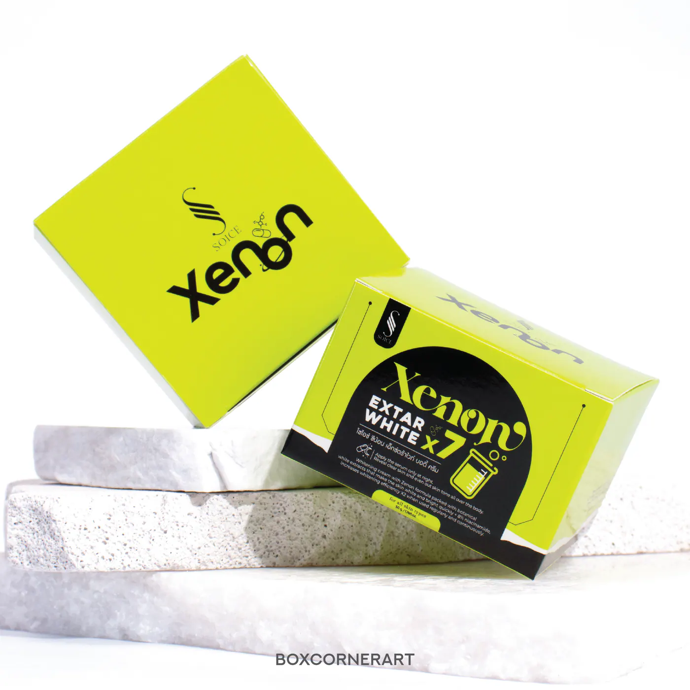 กล่อง Xenon Cream สีเขียว สื่อความสะอาดและความเป็นธรรมชาติ โดย Box Corner Art